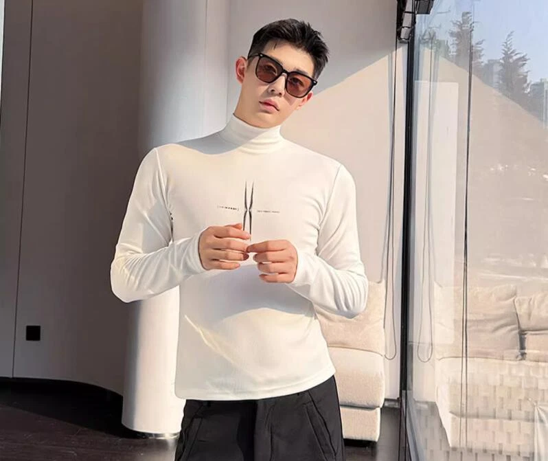 Men's Fashion Autumn Turtle Neck Long Sleeve Slim Printed T-shirt Youth Pullove - Image 2 of 4