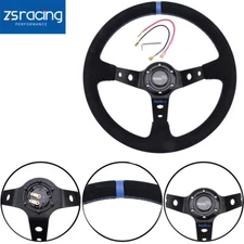 14inch 345mm Deep Dish 95mm Racing Steering Wheel Suede Leather Grip w/Horn