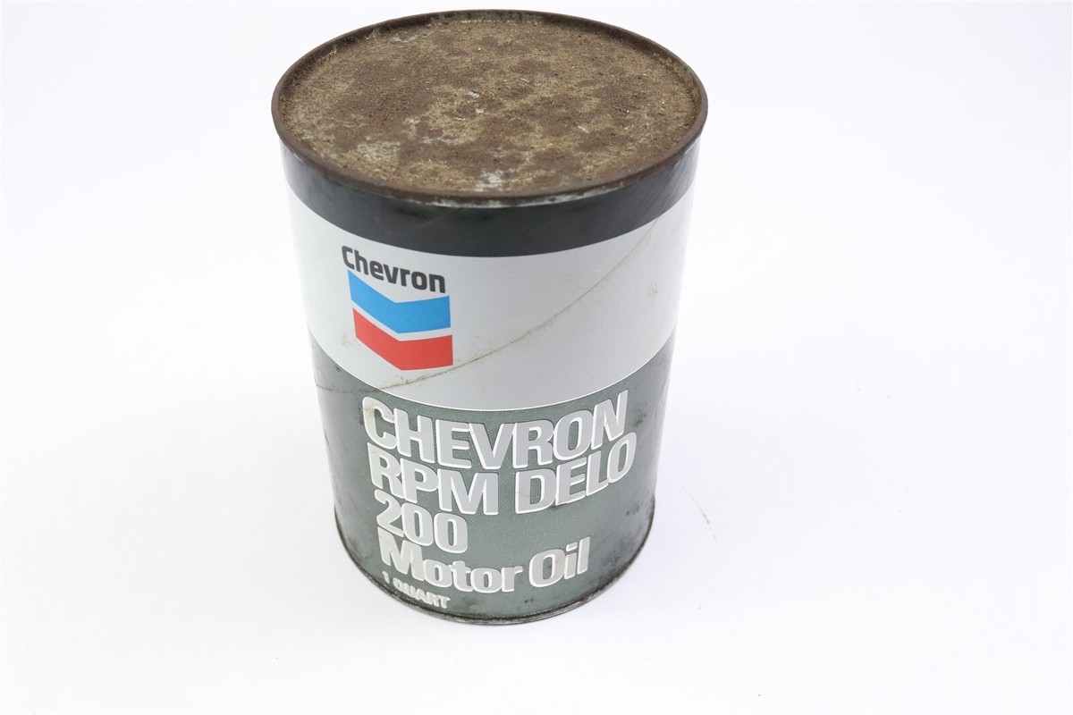 VINTAGE CHEVRON RPM DELO 200 MOTOR OIL 1 QUART FIBER CAN FULL AND