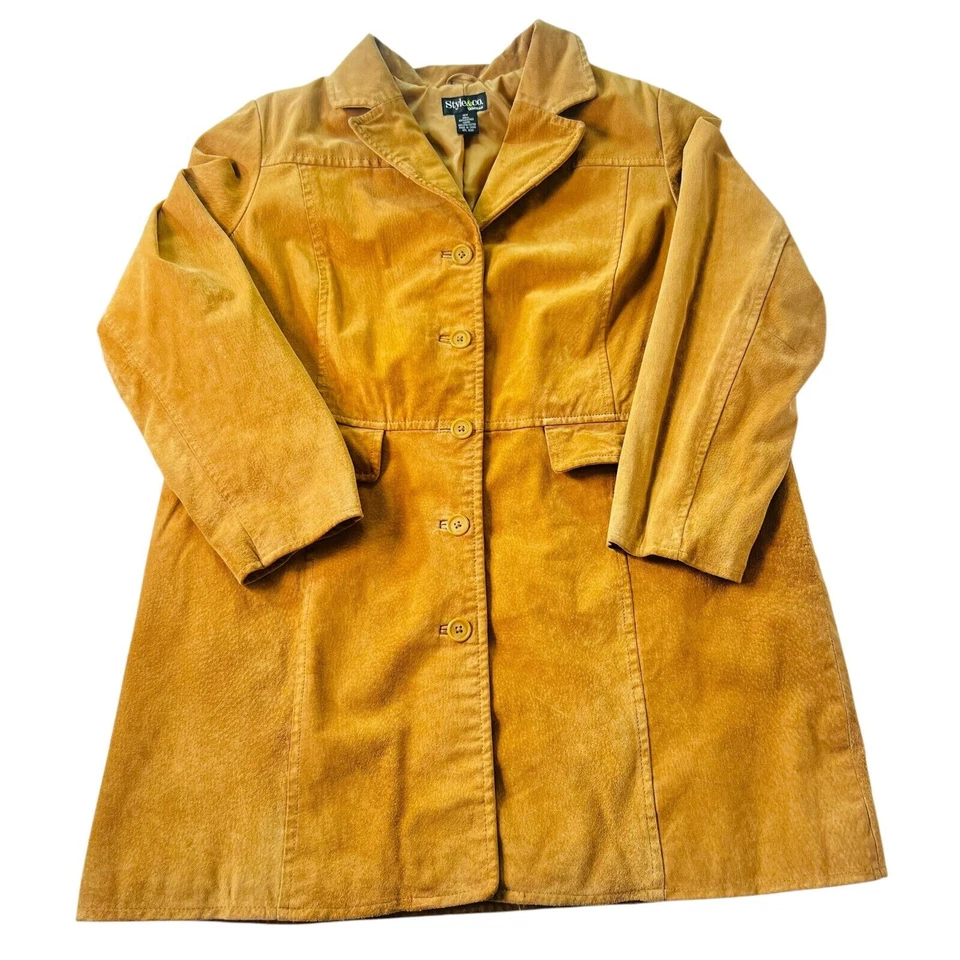 Vintage Y2K Style & Co Tan Suede Leather Trench Coat Button Front Pockets 18W - Image 4 of 4