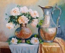Dipinto olio su tela natura morta con rose bianche 50*60 fatto a mano senza c...