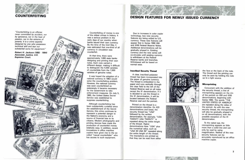 Folleto Conozca su dinero Departamento del Tesoro de los Estados Unidos Servicio Secreto 1991 Información de fotos de colección Foto 3 de 4