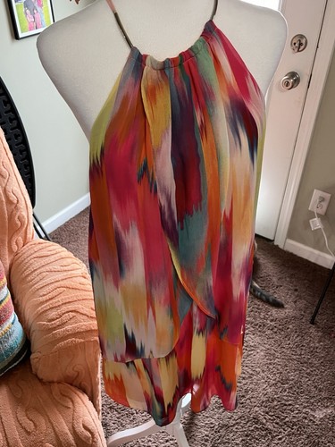 Bisou Bisou Midi Dress Sz 12 Multi Colored Chiffon Abstract Halter Sleeveless - Picture 10 of 13