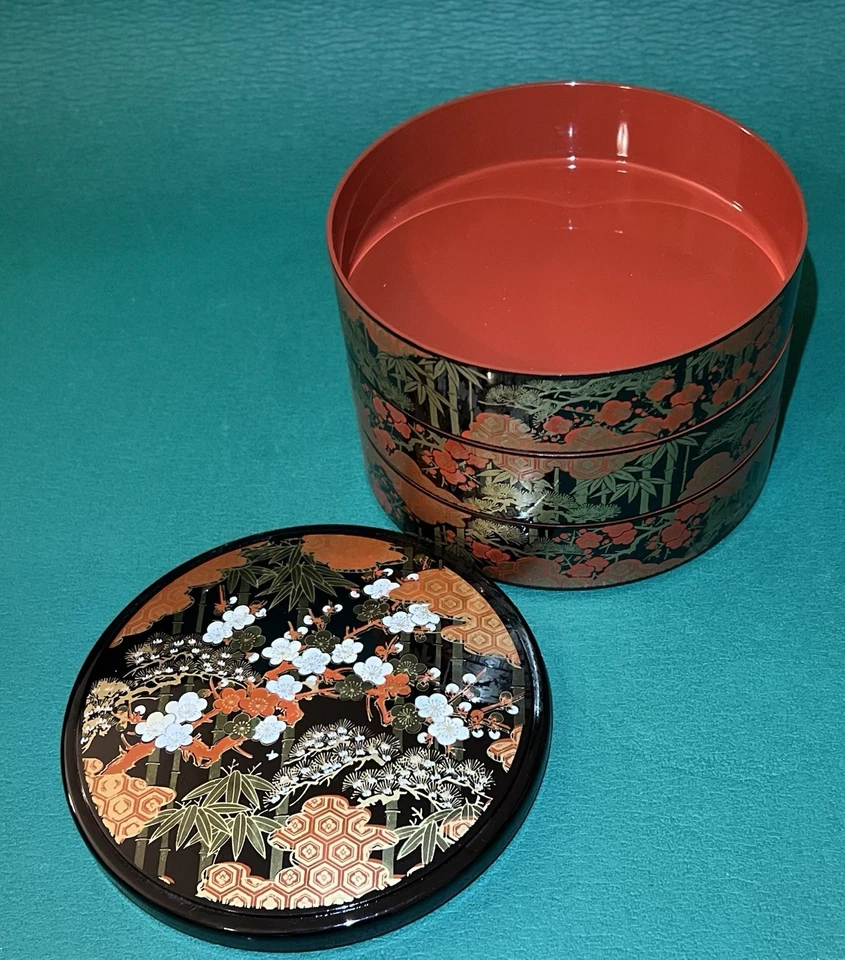 Fiambrera vintage japonesa lacada negra en capas, 3 compartimentos, auténtica Foto 3 de 4