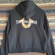 True Religion Tracksuit Set Womens XL Black Gold Logo Zip Hoodie Joggers