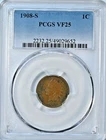 1908 S INDIAN HEAD Cent PCGS Graded VF25 Very Fine 25 Attractive Coin 2232