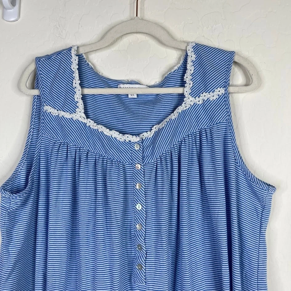 Vestido para dormir a rayas de algodón Eileen West XL pijama camisón con volantes dobladillo ropa de salón Foto 2 de 4