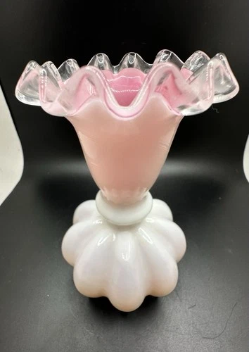 Fenton Peach Crest Melon Style White Pink Milk Glass Ruffled Crimp Vase Two Tone