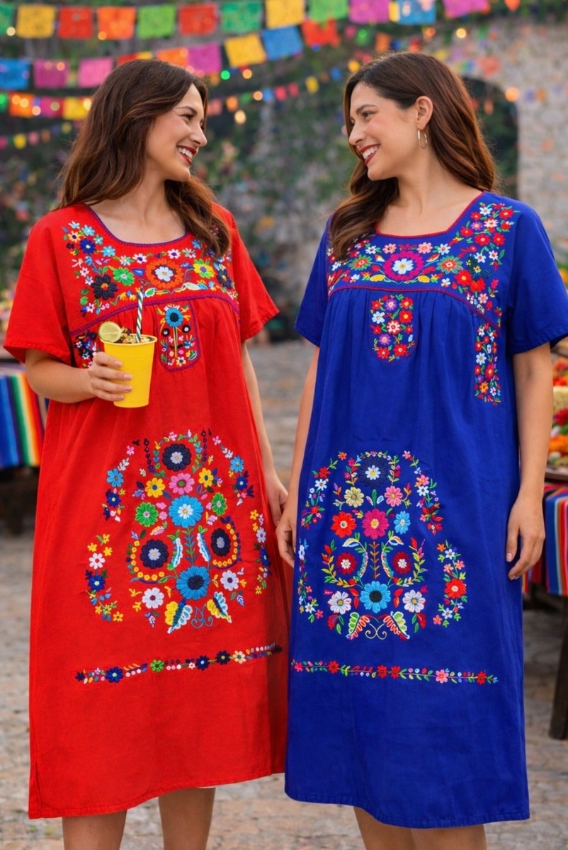 ANY COLOR Mexican Puebla Dress Embroidered FLORAL Fiesta Dress S M L XL 2X  3X