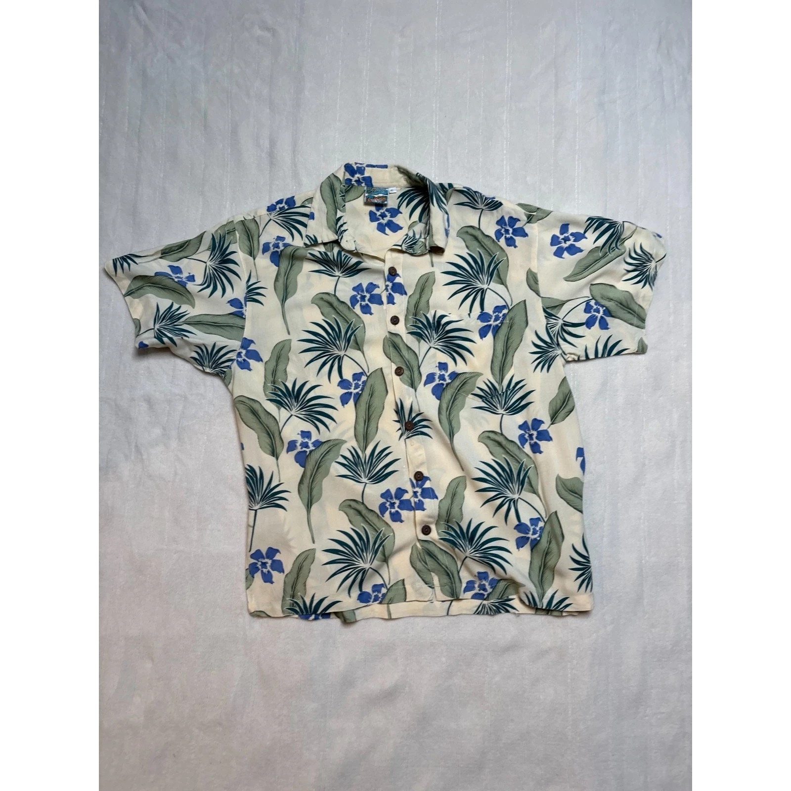 Pineapple Moon Hawaiian Aloha Shirt Mens XL Floral Blue Green Cream 100% Rayon