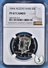 1964 Kennedy Half Dollar NGC PF 67 CAMEO ACCENT HAIR - Stunning 67'