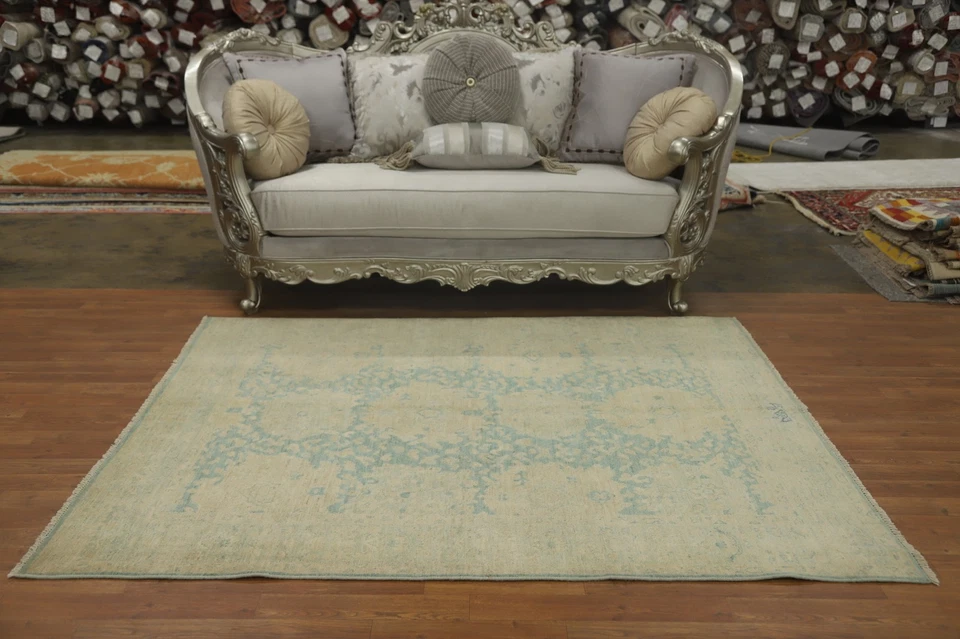 Handmade Transitional Wool Carpet Blue Floral Ziegler Vegetable Dye Rug 5x7 Ft - Image 3 of 4