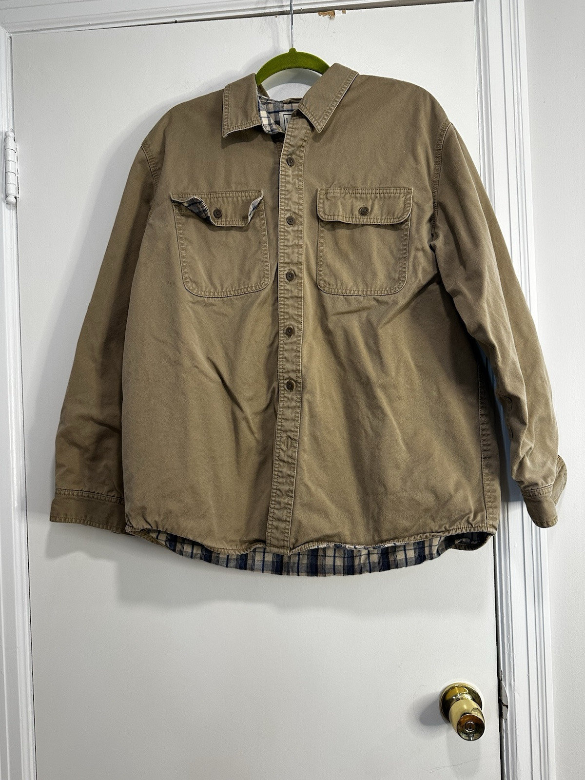 LL Bean Men's Flannel-Lined Beige Shacket Size Large with Pockets for Outdoor Work Wear  