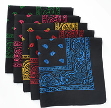Black Bandana 100 Poly Paisley Print Double-Sided Head Neck Face Mask 21.5" Sq