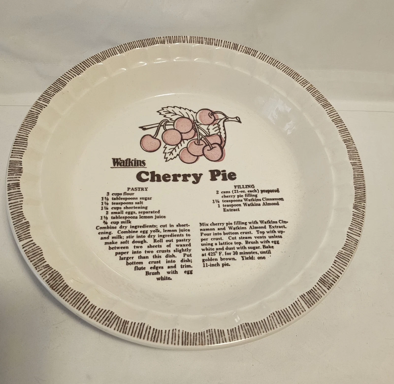 Watkins Cherry Pie Recipe Plate 1981 USA Vintage Farmhouse Cottagecore Décor