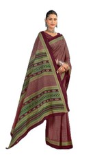 Maroon Printed Saree with Green Border Indian Ethnic Traditional Sari Women Wear