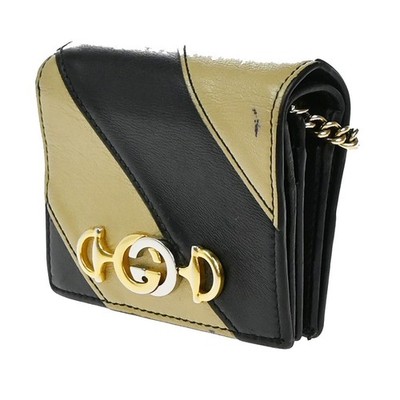 GUCCI GG Logo Zumi Chain Compact Wallet Leather Black Beige