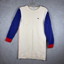 Lacoste Cream Blue Red Wool Long Sleeve Cozy Warm Midi Sweater Dress 36 Small