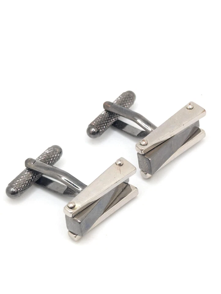 Vintage Hematite Stone Silver Tone Cufflinks Cuff Link Links Modernist Geometric - Image 3 of 4
