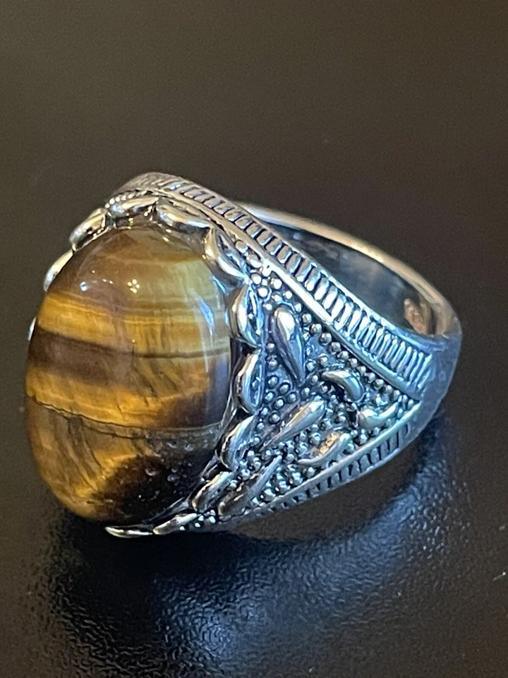 Genial anillo llamativo ojo de tigre piedra S925 plateado para hombre talla 10 Foto 3 de 4