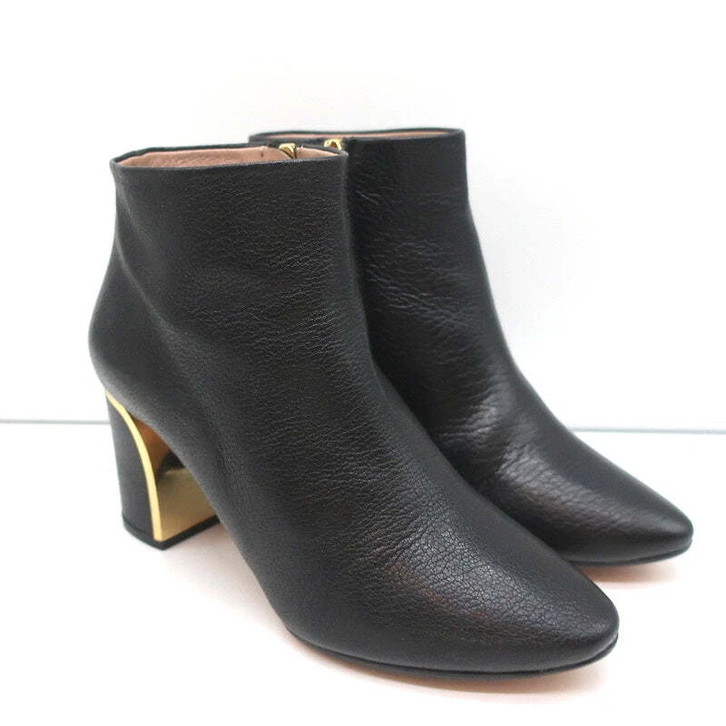 Chloe Beckie Gold Trim Ankle Boots Black Leather Size 36.5 Mid