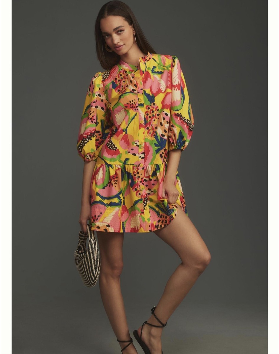 anthropologie yellow mini dress By Anthropologie Printed Smocked Mini Dress Pineapple Yellow Pullover XXSP NEW