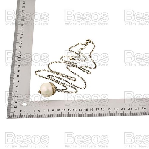 ACORN pendant ANTIQUE BRASS TONE large cream pearl LONG CHAIN NECKLACE gift UK - Picture 3 of 5