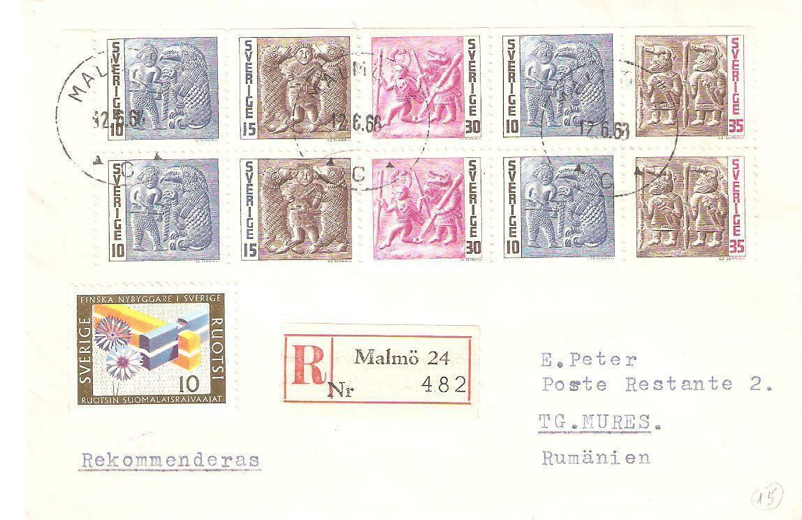 CI01123 sweden airmail registred mail cover to romania 1968