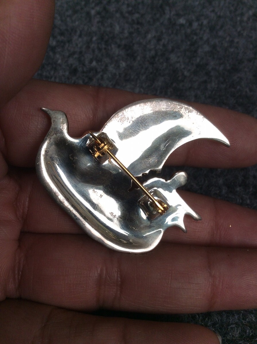 Sergio Bustamante sterling silver 925 2 Tones moon ship pin brooch