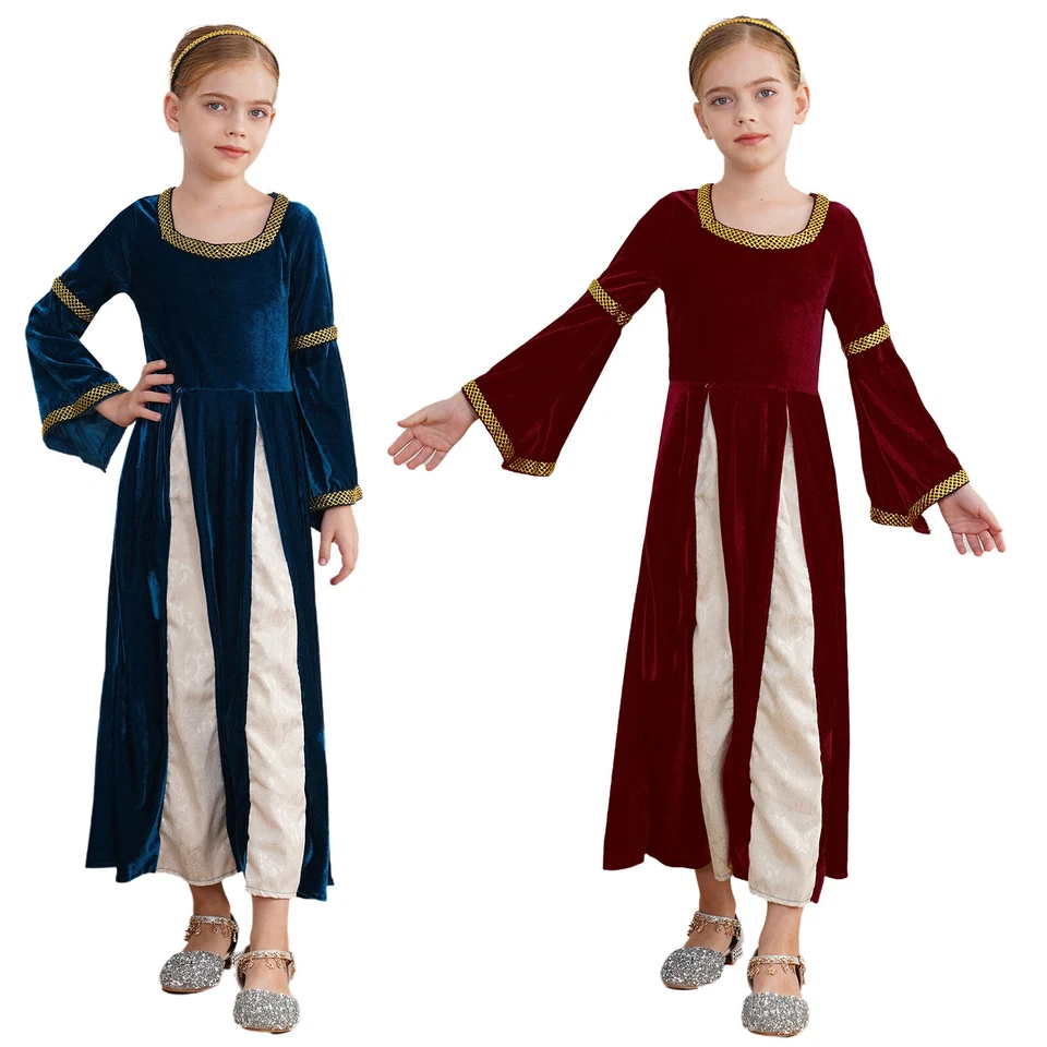 Kids Girls Costume Wrinkleless Gown Maxi Dress Patchwork Robe Medieval Uniform - Image 3 of 3