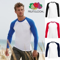 Men LONG SLEEVE BASEBALL T Shirt Fruit of the Loom Contrast T-Shirt Cotton Top