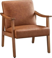 PU Leather Accent Chair, Mid-Century Modern Armchair with Solid Wood Legs