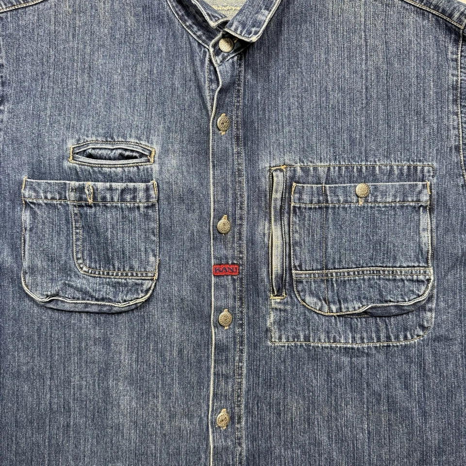 Chaqueta vaquera vintage Karl Kani años 90 larga tarea abotonada Tupac Hip Hop Foto 3 de 4