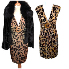 Y2K Caché Dress 4 Leopard Plunge Neck O-Ring Old Hollywood Mob Wife Fatale Sexy