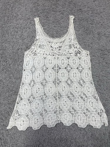 Camiseta sin mangas blanca de encaje de ganchillo boho festival sin mangas 100 % algodón talla S/M - Imagen 6 de 9