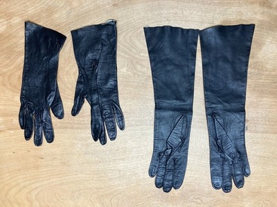 Vintage 15'' & 10.5'' Gloves Black Kid Leather Unlined 7.5 France Bloomingdale's
