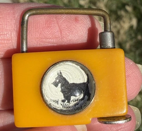 Art Deco Vintage Butterscotch Bakelite convex Scotty Dog padlock pendant Jewelry