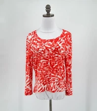 St. John Red Camo Knit 3/4 Sleeve Top Sz M