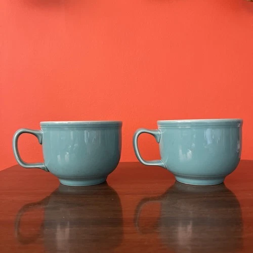 Lot of (2) Vtg Homer Laughlin Turquoise Jumbo Coffee Soup MUGS •  18oz Cups