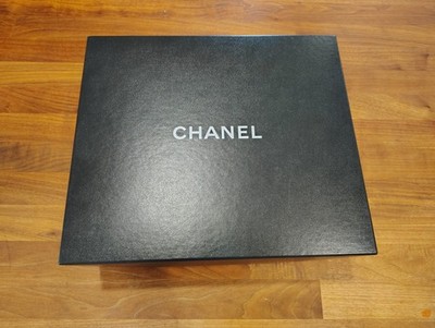 Empty Black Textured Lidded Cardboard Box Chanel Logo Glossy White Inside 