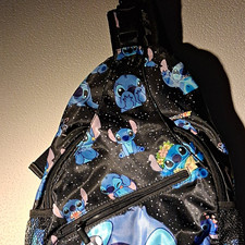 Disney Lilo Stitch Print Small Sling Backpack Bag, Black Blue