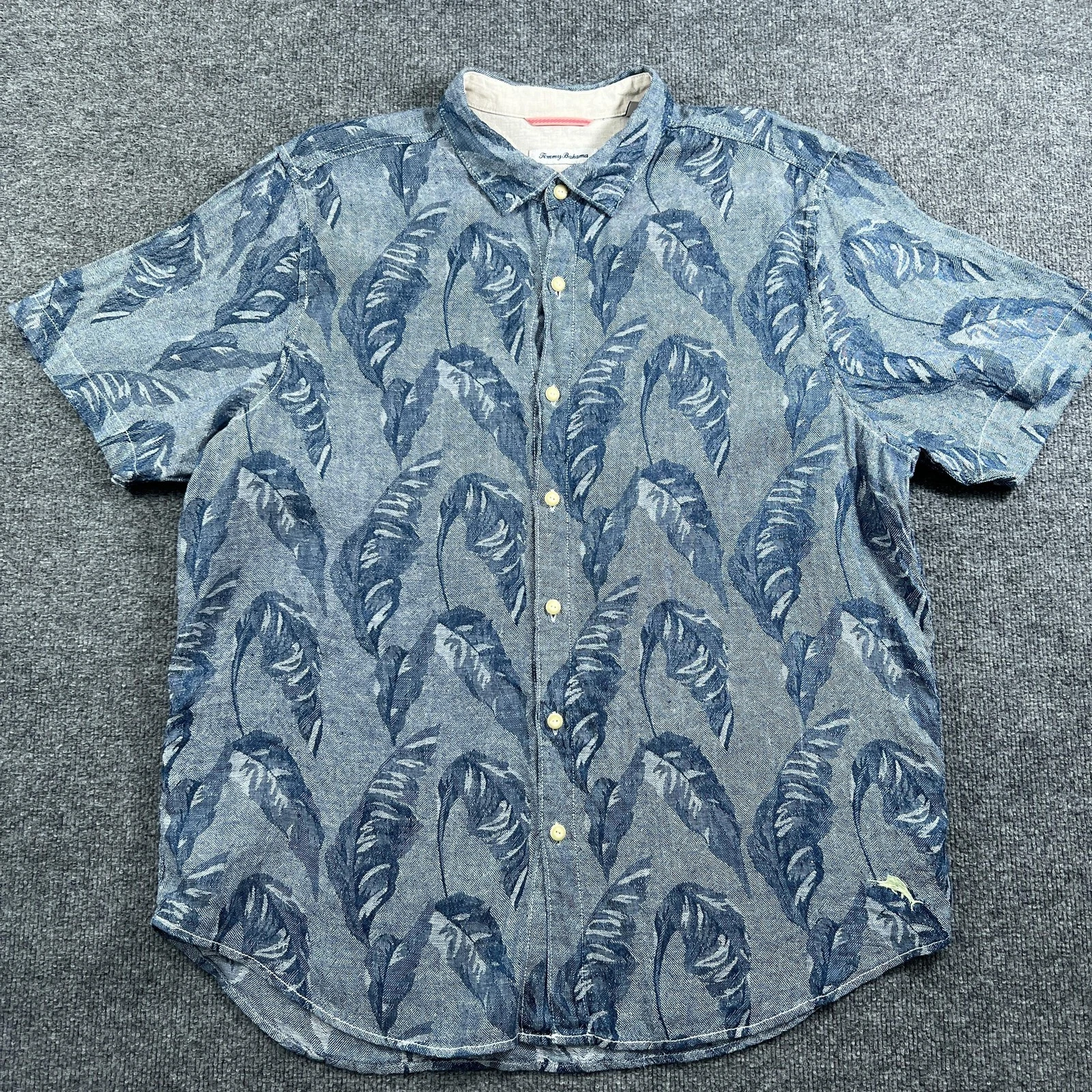 Tommy Bahama Shirt Mens XL Blue Palm Leaf Print Hawaiian Aloha Linen Button Up
