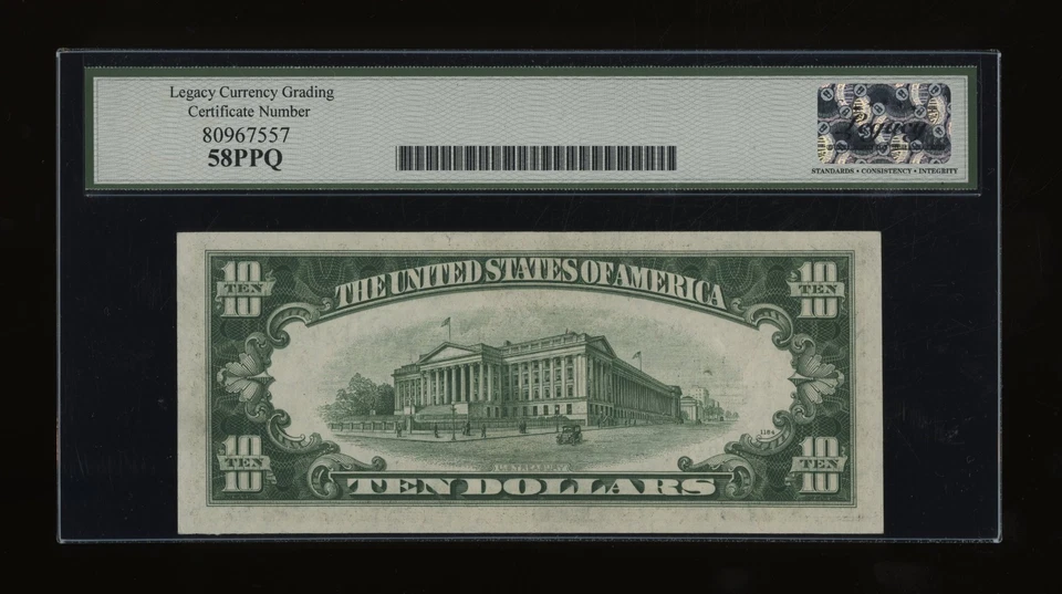 DBR 1934-C $10 Silver Fr. 1704 Legacy 58 PPQ Serial B30661024A - Image 2 of 2