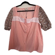 H By Halston NWT Poplin Blouse Square Eyelet Neck Tulip Floral Ditzy Print Sz XL