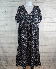 Ann Taylor LOFT Womens Dress Sz Large Black Blue Floral V-Neck