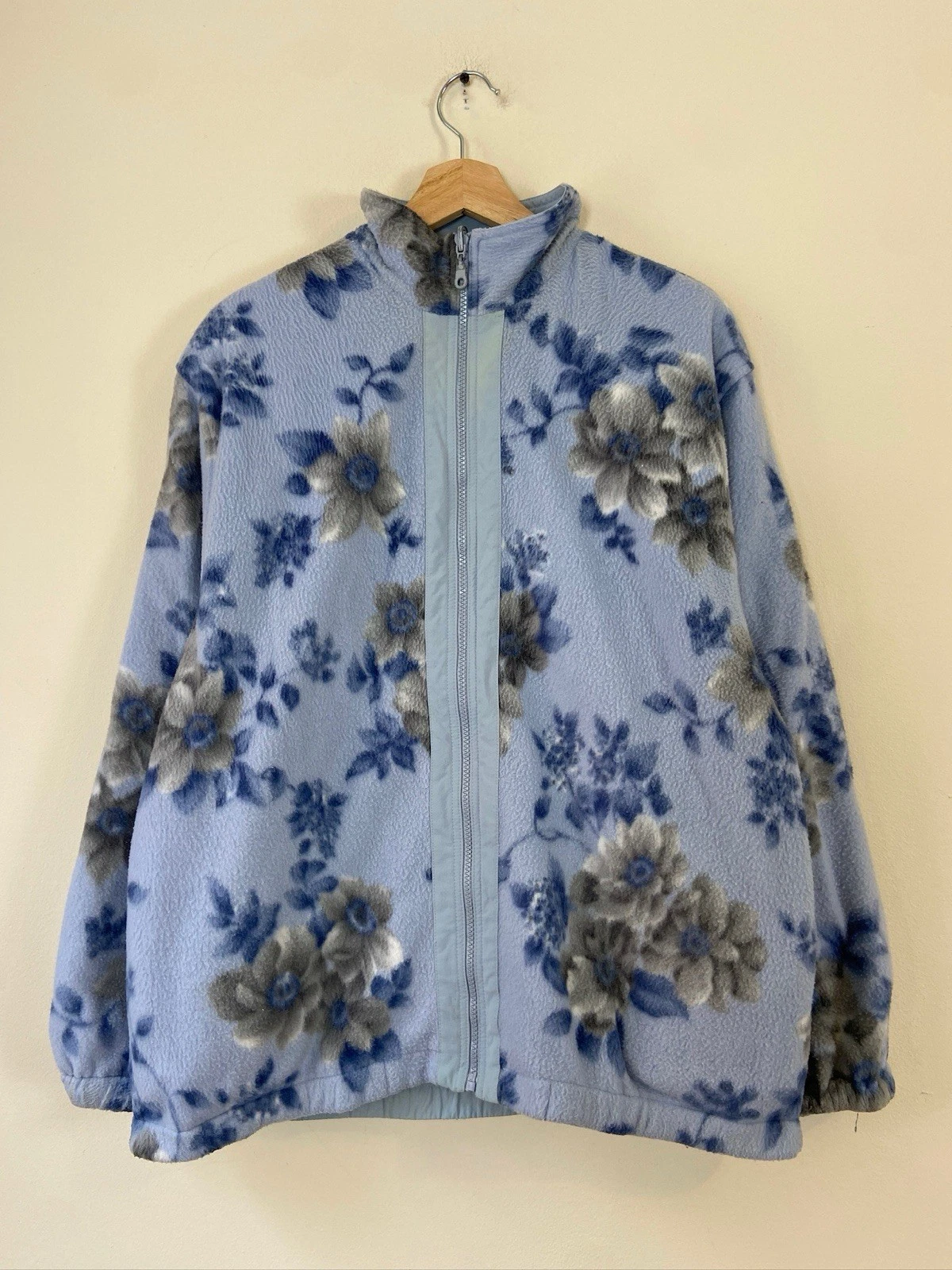 Vintage 90’s Blue Floral Fleece Zip Up Mock Neck Reversible Jacket - Large