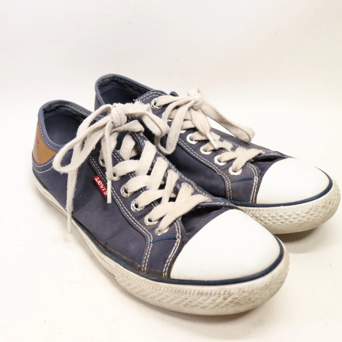 levi's shoes 木箱 Vtg Levis Sneakers Mens 8.5 Low Top Blue Canvas Denim Leather Trim