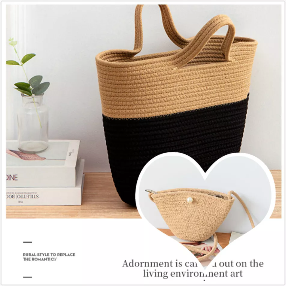 Fashion Women Handmade Straw Woven Bag Wicker Boho Cotton Rope Totes Beach  Bag