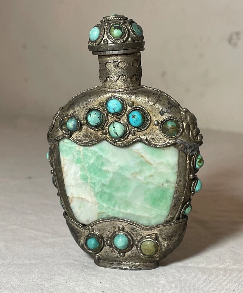 frasco antigo de bronze verde turquesa pedra de jade esculpido à mão chinês rapé - Imagem 3 de 4