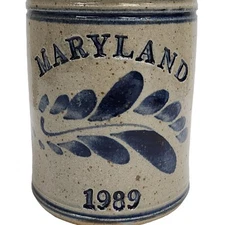 Handcrafted Pottery Utensil Crock Vase Signed Blue Salt Glaze 1989 Farmhouse 